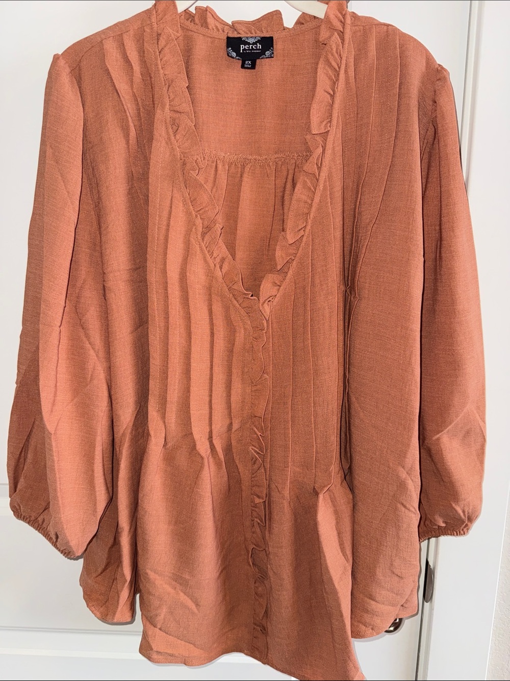 Rust Orange Ruffle V-Neck Women's Blouse - Picture 2 of 8